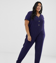 Мягкий комбинезон для дома с пуговицами в рубчик ASOS DESIGN Curve-Темно-синий