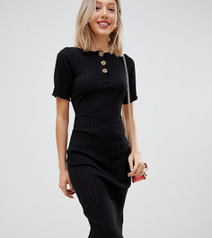 Облегающее платье миди в рубчик с пуговицами из искусственного рога ASOS DESIGN Petite-Черный