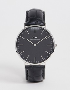 Часы с черным кожаным ремешком и серебристым циферблатом Daniel Wellington - 40 мм-Черный