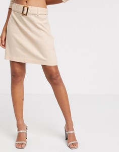 Льняная мини-юбка персикового цвета с поясом и черепаховой пряжкой Vero Moda-Бежевый