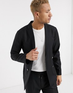 Черный двубортный пиджак приталенного кроя из 100% шерсти ASOS DESIGN