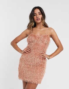 Платье мини с искусственными перьями и бретельками ASOS DESIGN-Розовый
