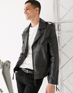 Байкерская куртка из натуральной кожи с молниями и ремнем Barneys Originals-Черный