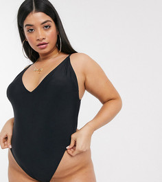 Черный слитный купальник-стринги с глубоким V-образным вырезом ASOS DESIGN Curve Recycled