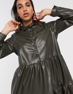 Свободное платье из искусственной кожи цвета хаки с ярусной юбкой Vero Moda-Зеленый