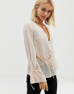 Прозрачный лонгслив с запахом и кружевными вставками ASOS DESIGN-Кремовый