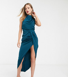 Атласное платье миди с высоким воротником и драпировкой на талии ASOS DESIGN-Синий