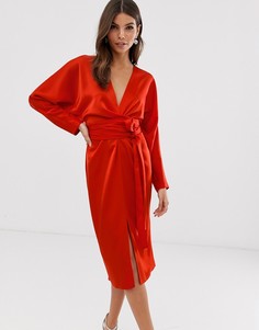 Атласное платье миди с запахом и рукавами "летучая мышь" ASOS DESIGN-Красный