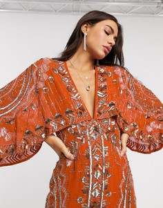 Декорированное платье миди с рукавами-кимоно ASOS DESIGN-Коричневый
