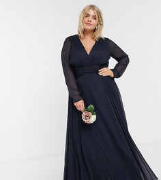 Платье макси с плиссированной юбкой и длинными рукавами ASOS DESIGN Curve Bridesmaid-Темно-синий