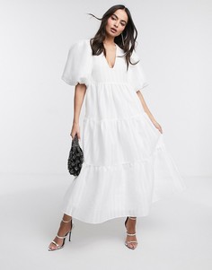Свободное ярусное платье миди в фактурную полоску ASOS EDITION-Белый