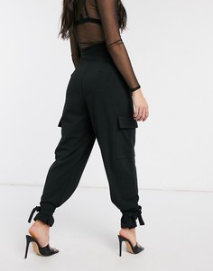 Широкие креповые брюки со складками и манжетами на завязках ASOS DESIGN-Черный
