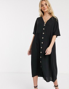 Черное свободное платье с V-образным вырезом и пуговицами ASOS DESIGN-Черный