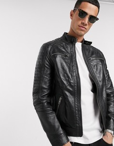 Кожаная байкерская куртка с 4 карманами Barneys Originals-Черный