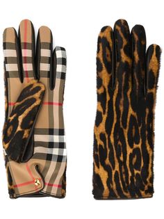 Burberry перчатки в клетку с леопардовым принтом