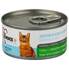 Корм для кошек 1st Choice Adult для здоровья кожи и шерсти, для вывода шерсти, с тунцом, с сибасом и с ананасом 85 г (кусочки в соусе)