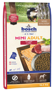 Сухой корм для собак Bosch Mini Adult, для мелких пород, ягненок и рис, 15кг