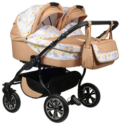 Коляска для двойни и погодок Indigo Charlotte Duo Ch 21 бежевый, желтый узор цветы