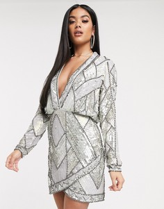 Платье мини с глубоким вырезом и длинными рукавами ASOS DESIGN-Синий