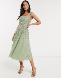 Приталенное платье миди с кружевной отделкой ASOS DESIGN-Зеленый