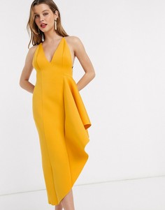 Платье миди с глубоким вырезом и баской по краю ASOS DESIGN-Желтый