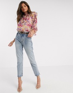 Розовая блузка с высоким воротом и цветочным принтом River Island-Черный