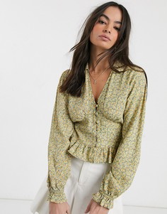 Блузка с длинными рукавами, V-образным вырезом и цветочным принтом ASOS DESIGN-Мульти