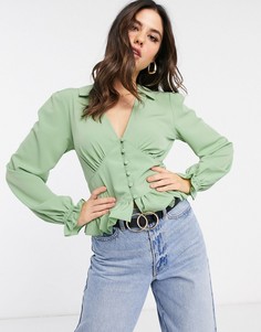 Блузка с длинными рукавами, V-образным вырезом и пуговицами ASOS DESIGN-Бесцветный