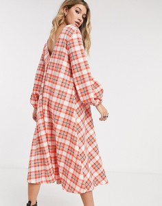 Красное свободное фактурное платье миди в клетку с V-образным вырезом ASOS DESIGN-Мульти
