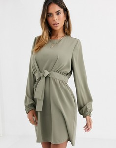Платье мини цвета хаки с длинными рукавами и поясом ASOS DESIGN-Зеленый