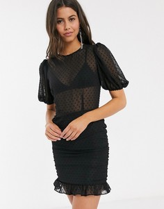 Черное платье мини с пышными рукавами и оборкой на юбке ASOS DESIGN-Черный