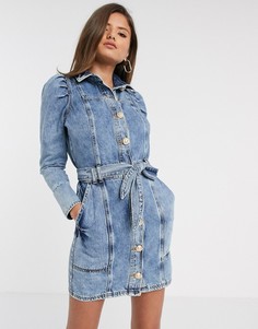Голубое джинсовое платье с пышными рукавами River Island-Синий