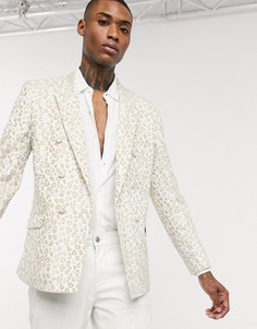 Двубортный приталенный пиджак с леопардовым принтом ASOS DESIGN-Кремовый