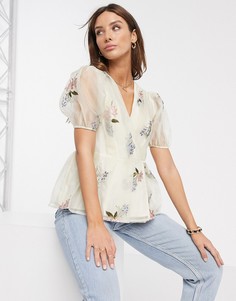Топ с запахом, короткими рукавами и вышивкой ASOS DESIGN-Бесцветный