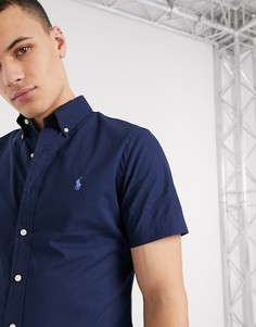 Темно-синяя поплиновая приталенная рубашка с короткими рукавами и логотипом Polo Ralph Lauren-Темно-синий
