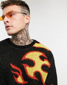 Вязаный oversized-джемпер с языками пламени ASOS DESIGN-Черный