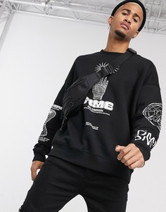 Черный oversized-свитшот с принтом Bershka