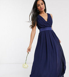 Темно-синее платье макси с запахом и бантом на спине TFNC Petite bridesmaid-Синий