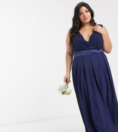 Темно-синее платье макси с запахом и бантом на спине TFNC Plus bridesmaid-Синий