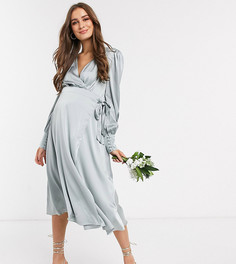 Шалфейно-зеленое атласное платье миди с запахом и поясом TFNC Maternity bridesmaid-Зеленый