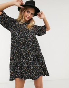 Свободное платье с объемными рукавами и цветочным принтом Bershka-Фиолетовый