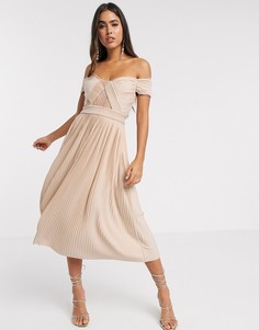 Платье миди с кружевом и складками ASOS DESIGN-Бежевый