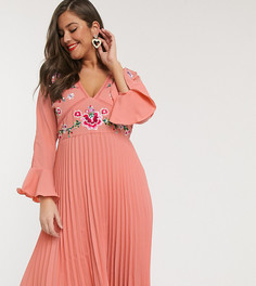 Розовое платье миди с кружевными вставками и вышивкой ASOS DESIGN Curve-Розовый