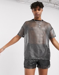 Серебристая сетчатая футболка от комплекта в стиле oversized с эффектом металлик One Above Another-Серебряный