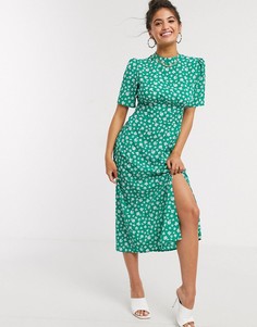 Зеленое чайное платье миди на пуговицах с разрезом и цветочным принтом ASOS DESIGN-Мульти
