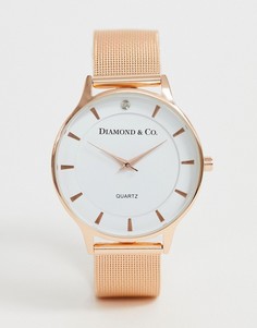 Золотисто-розовые часы с натуральным бриллиантом на разметке 12 Diamond & Co.-Розовый