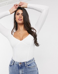 Боди белого цвета в рубчик с длинными рукавами ASOS DESIGN-Белый