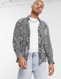 Черно-белая рубашка с принтом Bershka-Черный