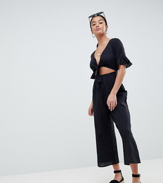 Льняной комбинезон с вырезом и завязкой ASOS DESIGN Petite-Черный
