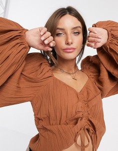 Присборенный топ из жатой ткани с длинными рукавами ASOS DESIGN-Бесцветный